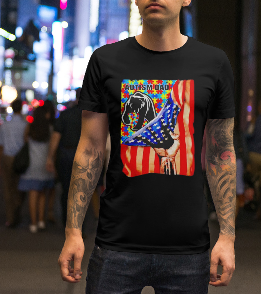 Autism Dad Bear USA Flag Puzzle Awareness T-Shirt