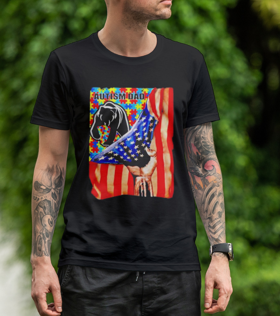 Autism Dad Bear USA Flag Puzzle Awareness T-Shirt
