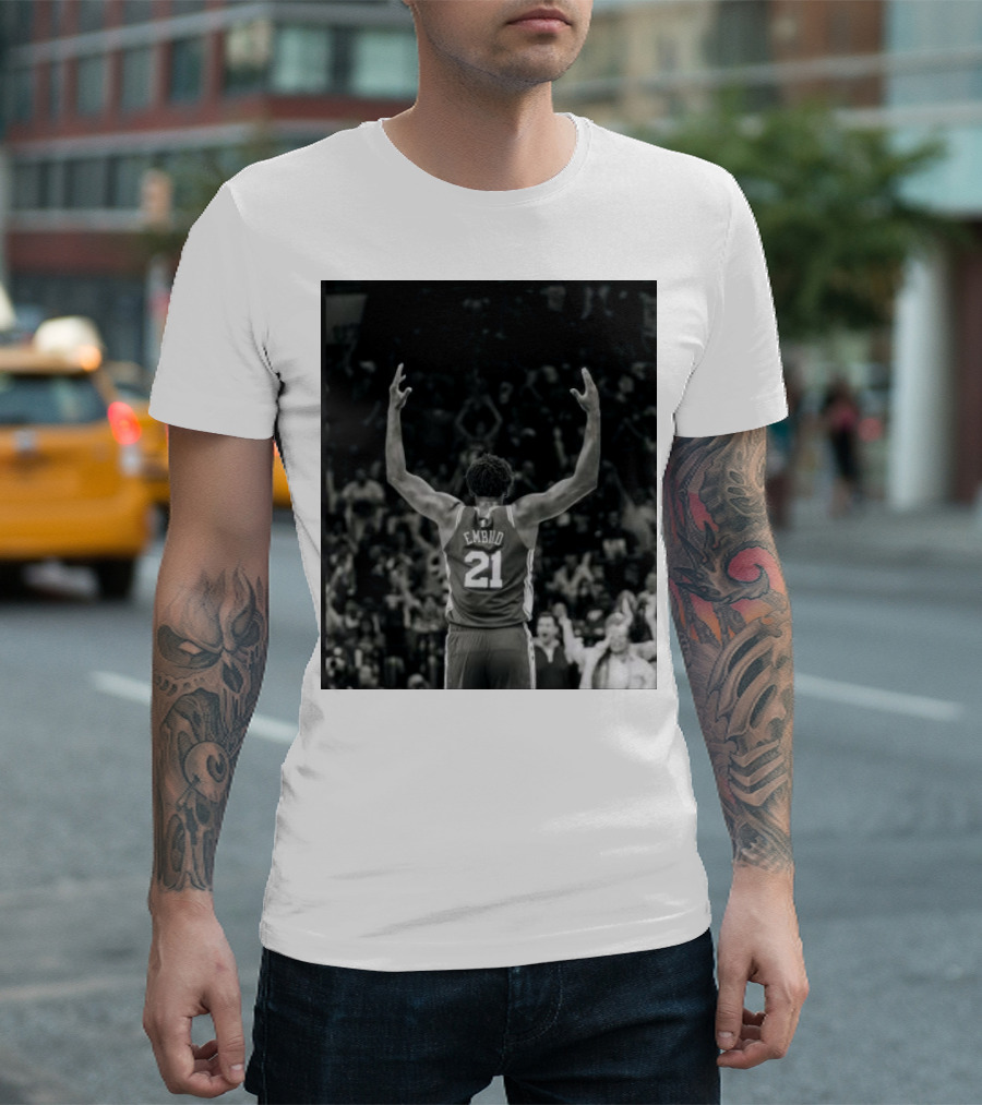 Joel Troel Embiid 21 Basketball Celebration Back View T-Shirt