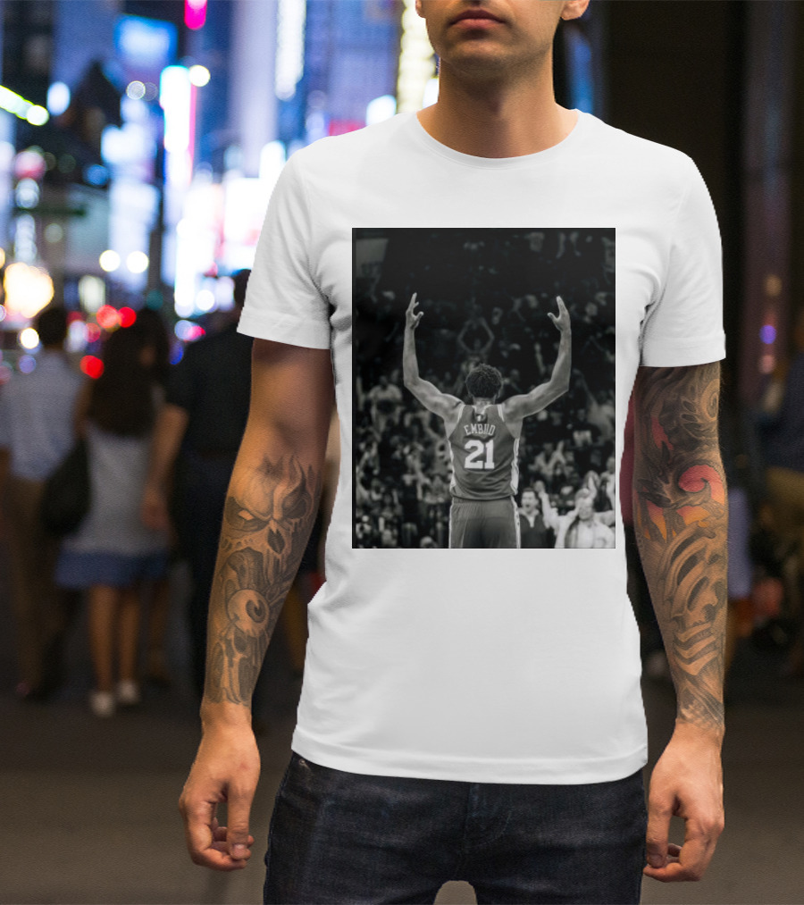 Joel Troel Embiid 21 Basketball Celebration Back View T-Shirt