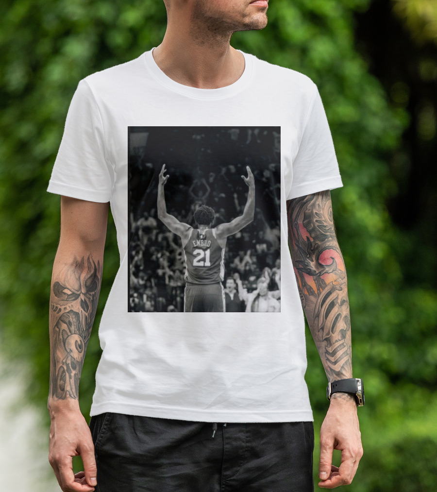 Joel Troel Embiid 21 Basketball Celebration Back View T-Shirt