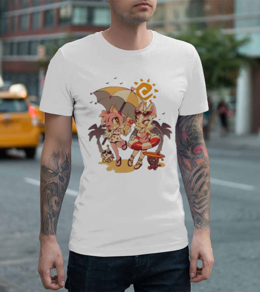 The Yetee Merch Door Into Summer with Cute Beach Characters and Umbrella T-Shirt