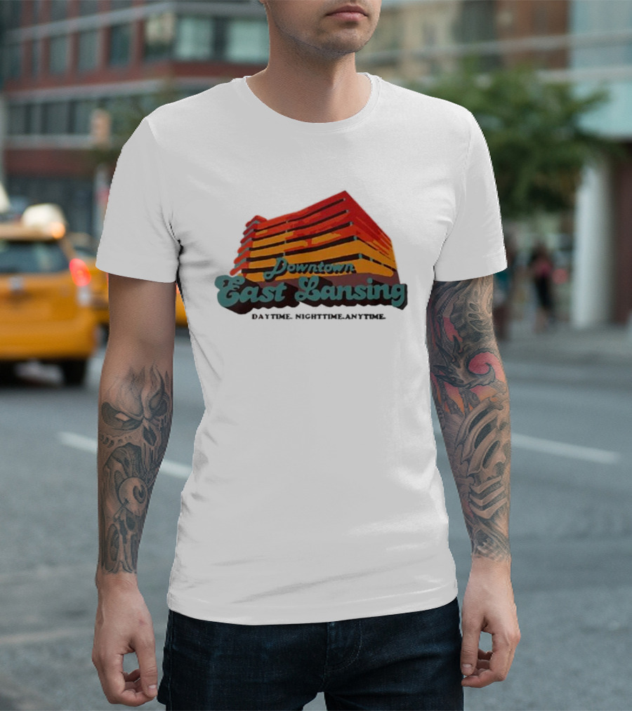 Downtown East Lansing Daytime Nighttime Anytime Retro Skyline T-Shirt