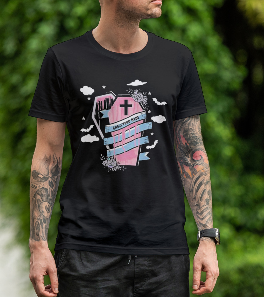 Graveyard Babe Pink Coffin With Cross And Bats T-Shirt