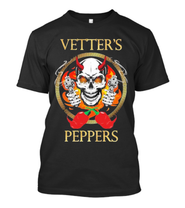 Vetter’s Peppers Skull With Red Horns And Dual Pistols Surrounded By Flames And Chili Peppers T-Shirt