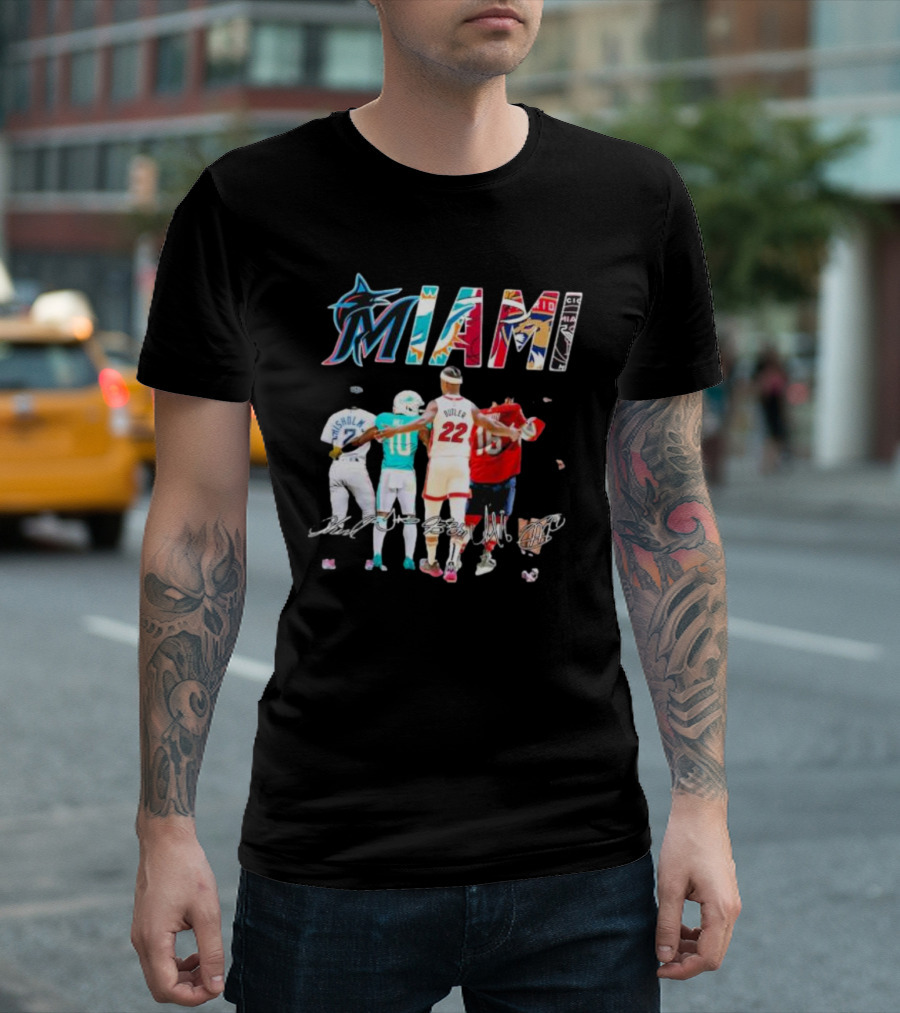 Miami Marlins Dolphins Heat Panthers Players Signatures T-Shirt