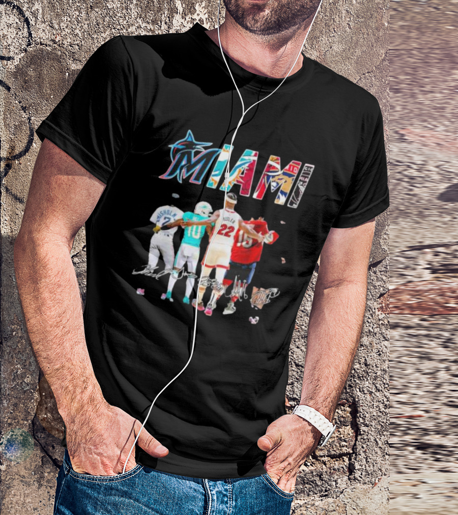 Miami Marlins Dolphins Heat Panthers Players Signatures T-Shirt