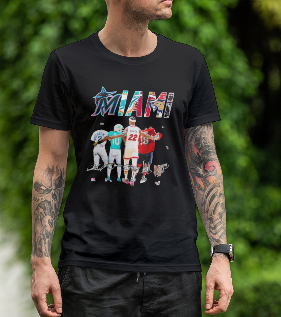 Miami Marlins Dolphins Heat Panthers Players Signatures T-Shirt