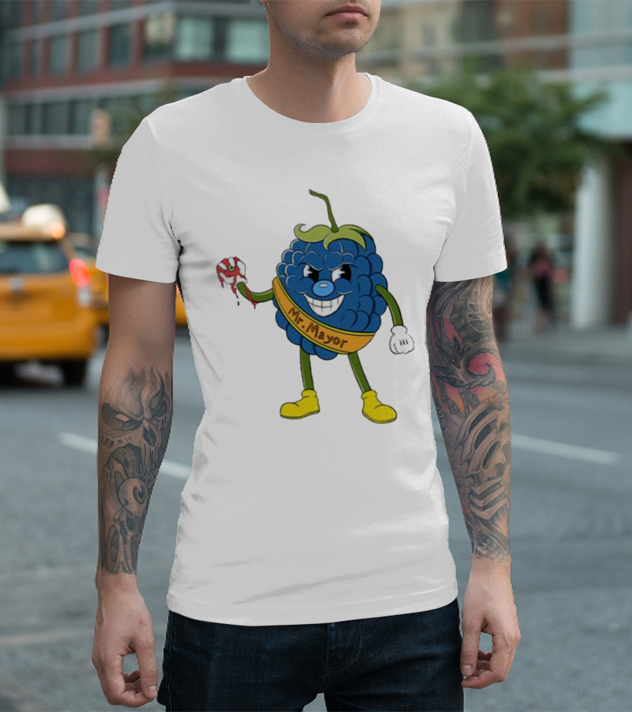 Blueberry Mr Mayor Holding Bleeding Hand Cartoon Character T-Shirt