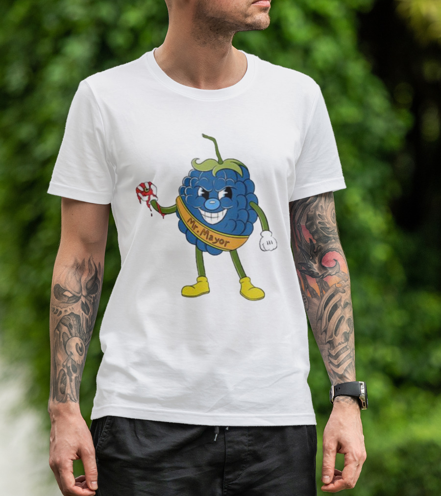 Blueberry Mr Mayor Holding Bleeding Hand Cartoon Character T-Shirt