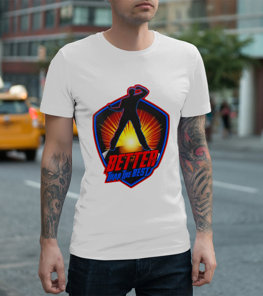 Superheroes Better Than The Best Shield Emblem with Silhouette and Radiant Burst T-Shirt