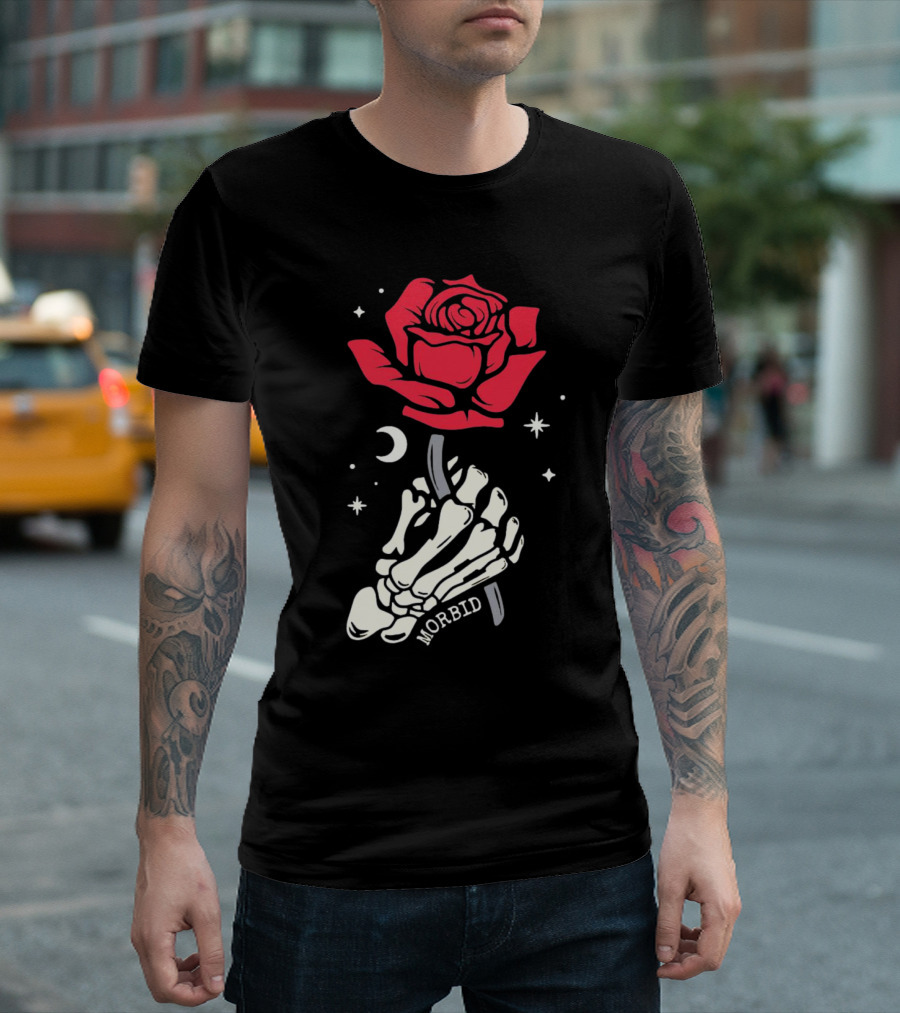 Morbid Skeleton Rose with Crescent Moon and Stars T-Shirt