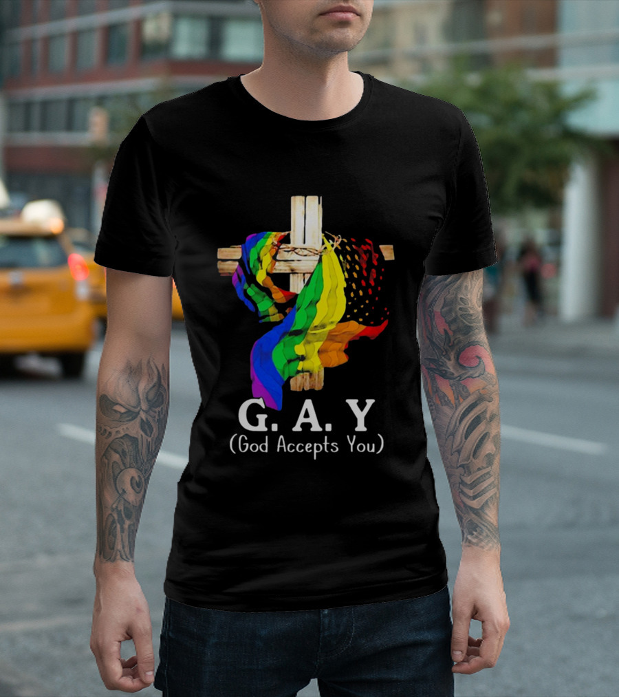 GAY Pride Cross God Accepts You Rainbow Flag T-Shirt