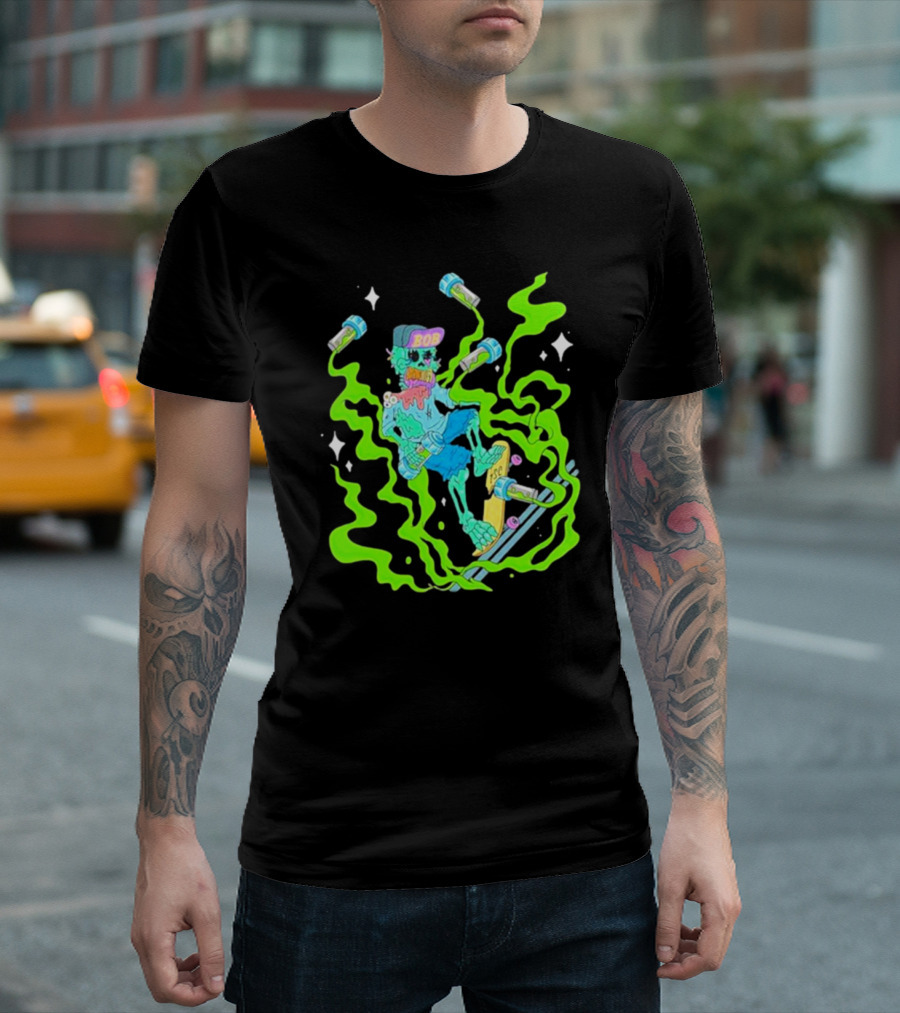 Toxic Skulls Club Bobburnquist Skateboarding Skeleton with Green Smoke and Skateboard T-Shirt