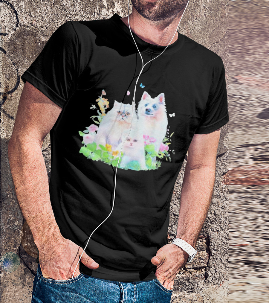 Romcom Jakey Cats And Dog Pastel Garden T-Shirt
