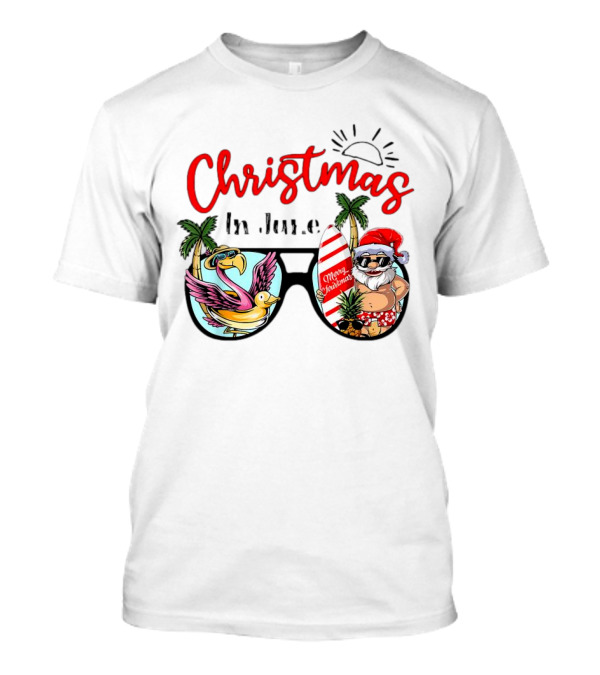 Christmas In June Sunglasses Santa Flamingo Merry Christmas Summer Vacation T-Shirt