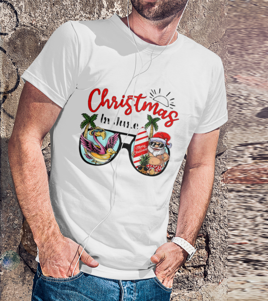 Christmas In June Sunglasses Santa Flamingo Merry Christmas Summer Vacation T-Shirt
