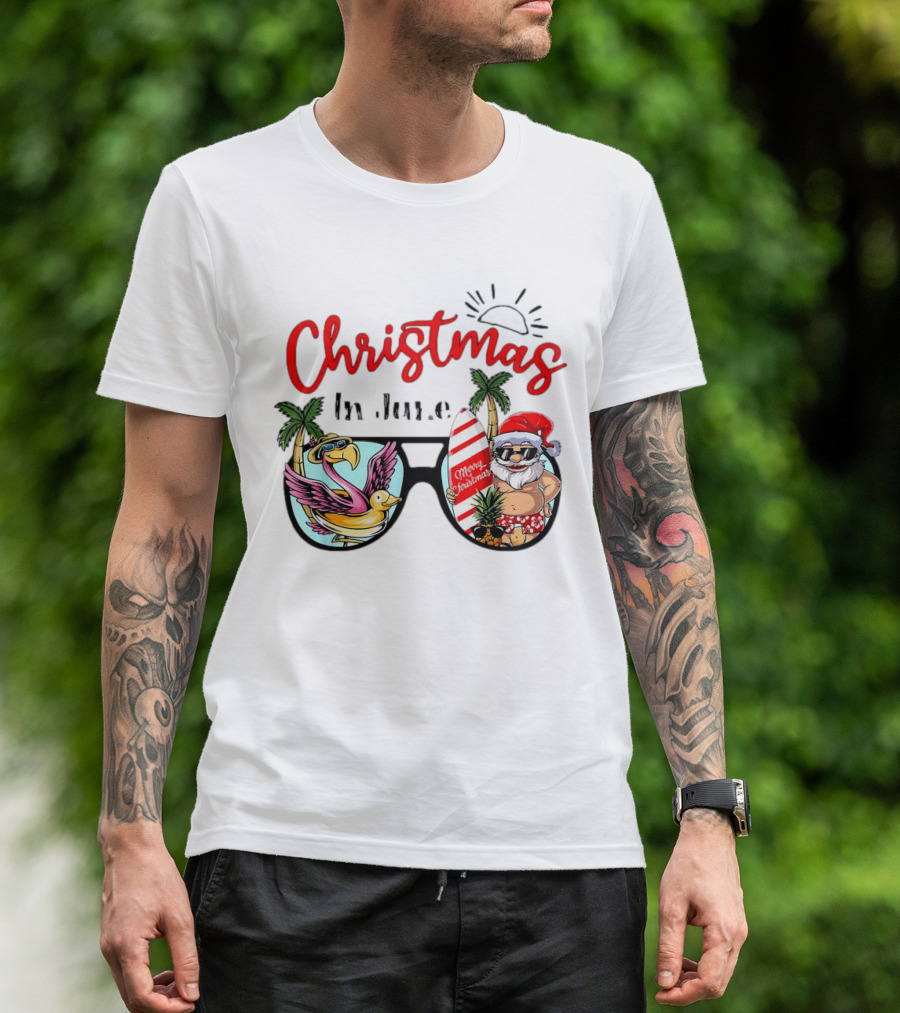 Christmas In June Sunglasses Santa Flamingo Merry Christmas Summer Vacation T-Shirt