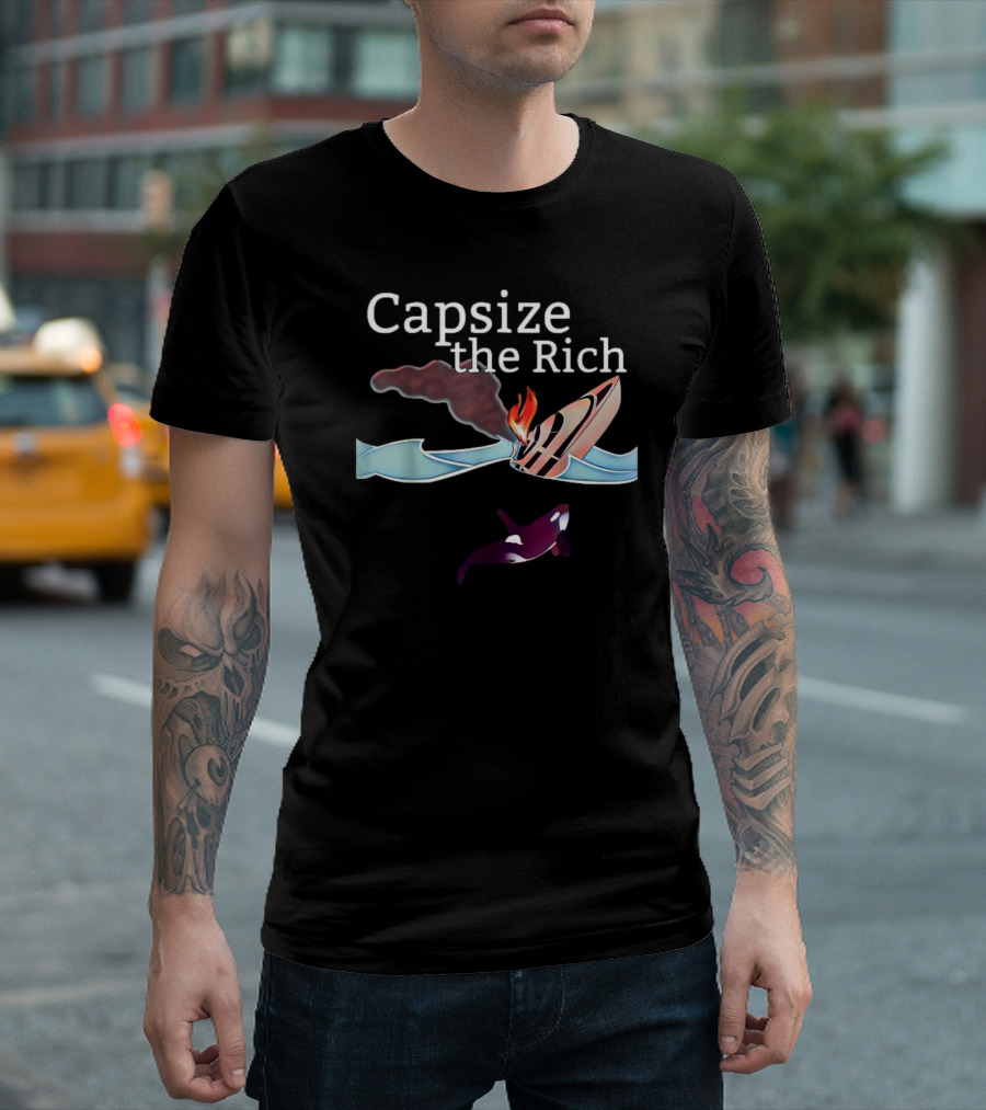 Capsize the Rich Sinking Yacht Flaming Smoke Waves Orca T-Shirt