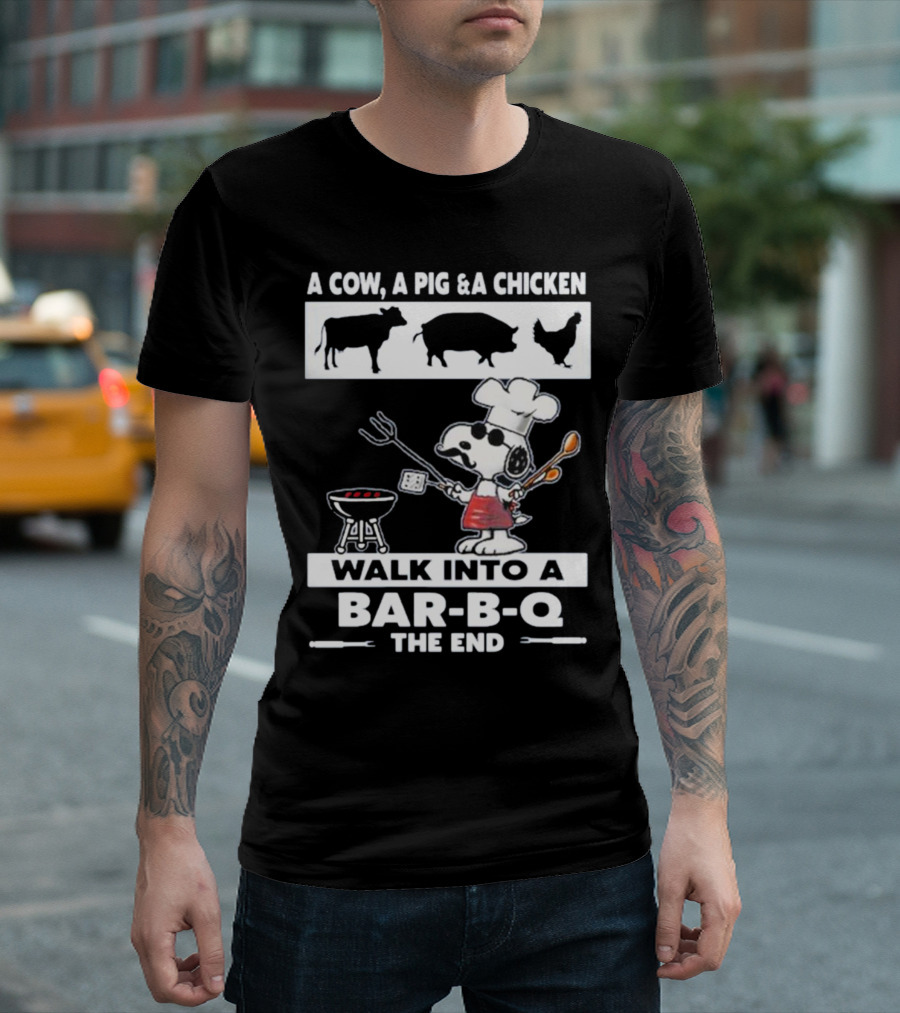 Snoopy Chef Walk Into a Bar B Q The End Cow Pig Chicken T-Shirt