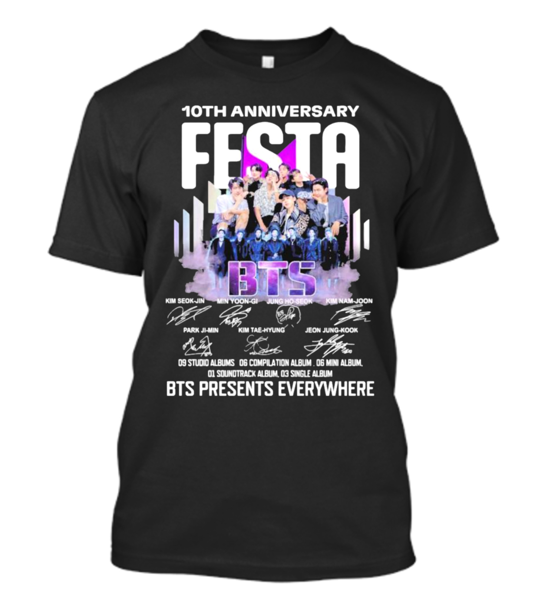 10th Anniversary BTS Festa Presents Everywhere Signatures Kim Seok-Jin Min Yoon-Gi Jung Ho-Seok Kim Nam-Joon Park Ji-Min Kim Tae-Hyung Jeon Jung-Kook T-Shirt