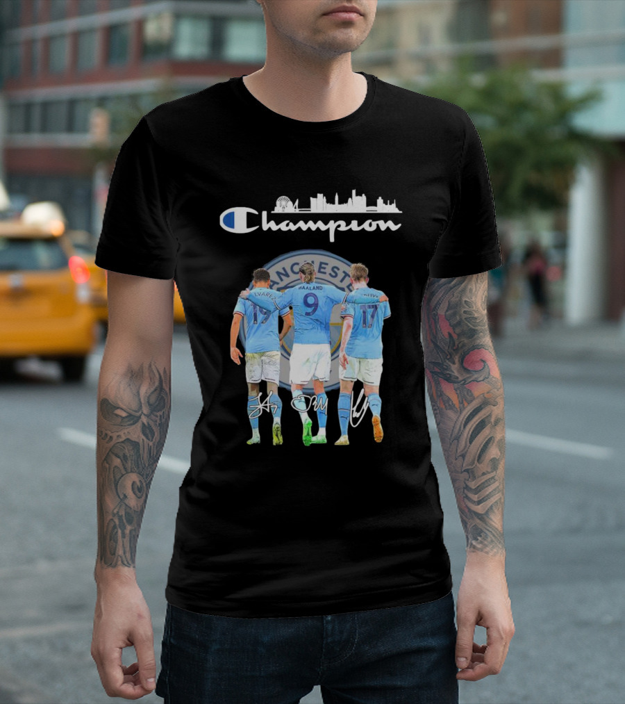 Manchester Haaland De Bruyne Alvarez Champion Football City Skyline T-Shirt