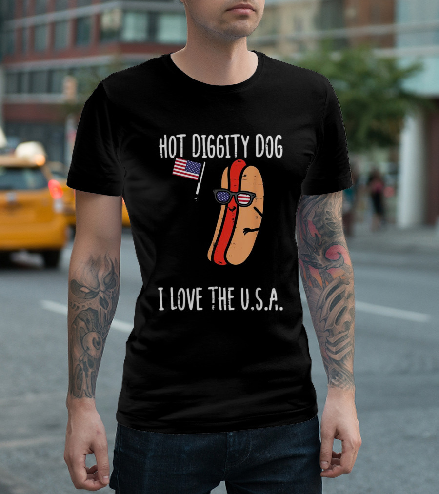Hot Diggity Dog I Love The USA Flag Hotdog 4th July T-Shirt