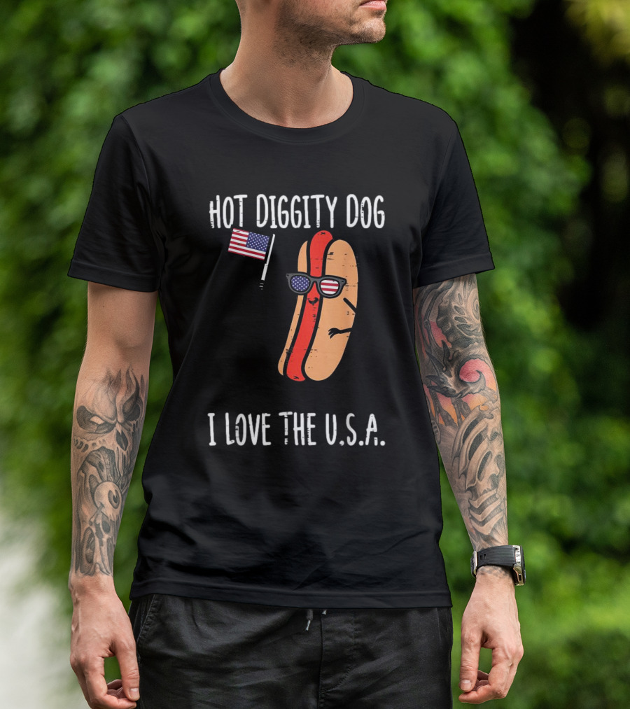 Hot Diggity Dog I Love The USA Flag Hotdog 4th July T-Shirt