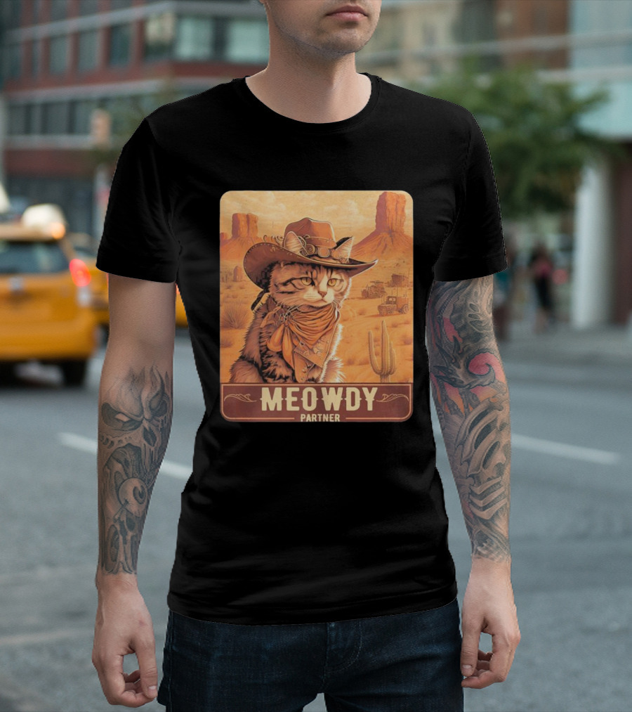Meowdy Partner Cowboy Cat in Desert Scene with Cactus and Wagon T-Shirt