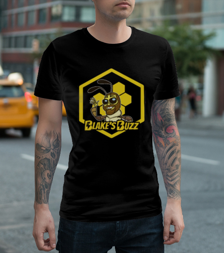 Blake's Buzz Bee Hexagon Logo with Cartoon Character T-Shirt