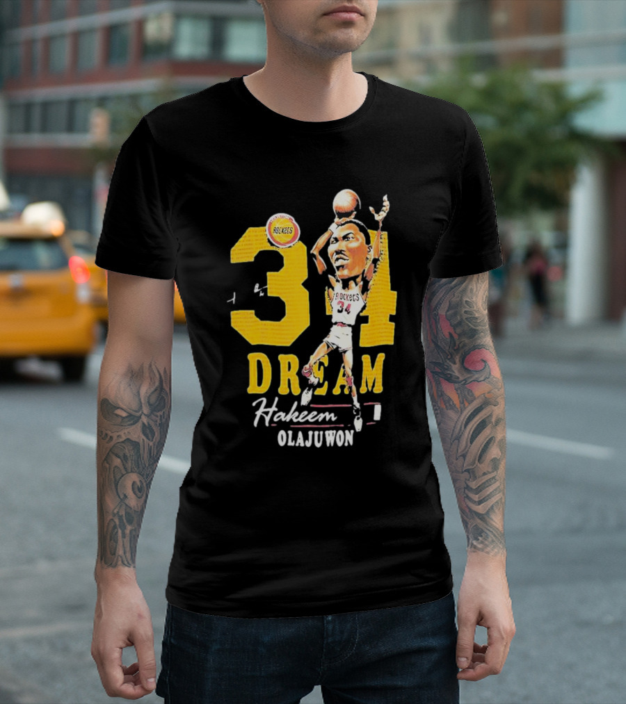 Hakeem Olajuwon 34 Dream Houston Rockets Hardwood Classics Caricature Mitchell Ness T-Shirt