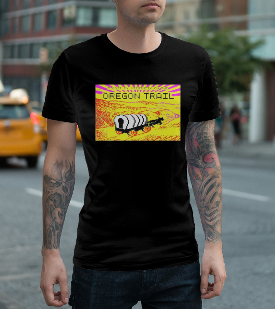 I Lost My Virginity On The Oregon Trail Retro Pixel Art Covered Wagon 80s T-Shirt