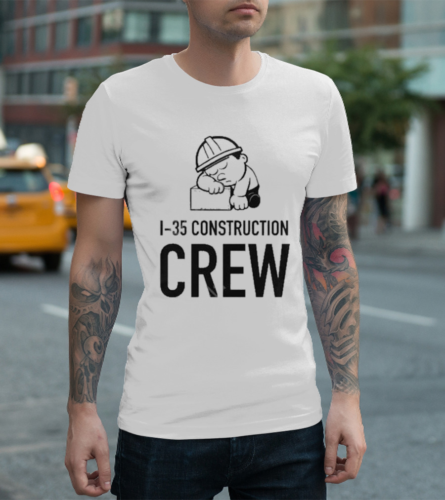 I-35 Construction Crew Cartoon Worker Sleeping on Block T-Shirt