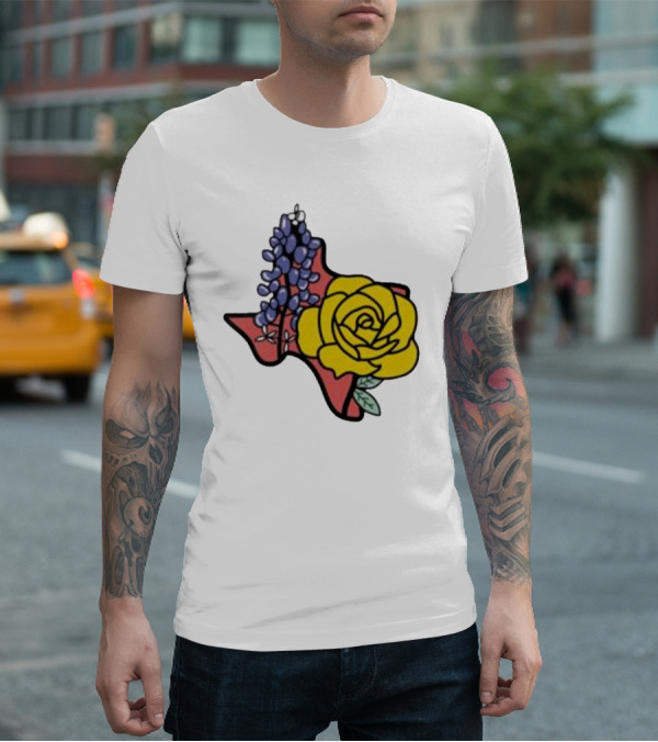 Texas Wildflower Humor Yellow Rose Bluebonnet State Outline T-Shirt