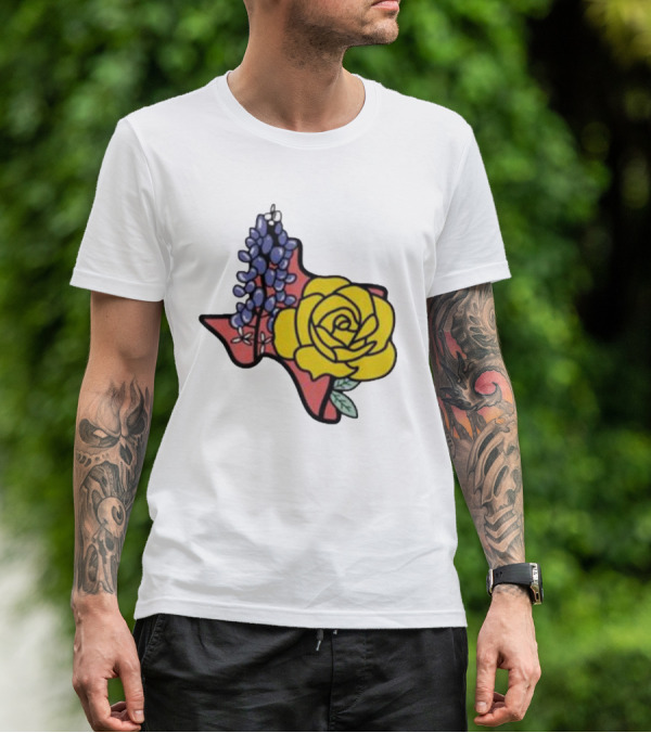 Texas Wildflower Humor Yellow Rose Bluebonnet State Outline T-Shirt
