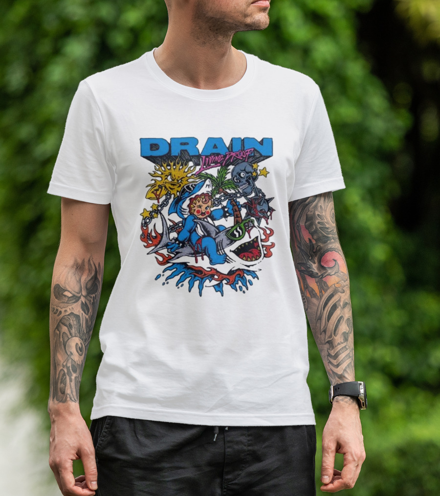 DRAIN Living Proof Chain-Wrapped Shark With Skeleton And Sunburst T-Shirt