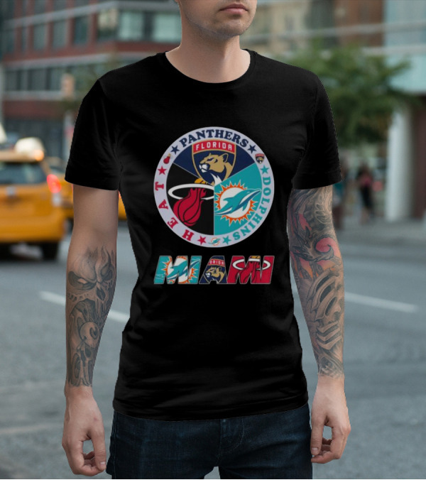Miami Dolphins Florida Panthers Miami Heat Sports Team Logo Circle MIAMI T-Shirt
