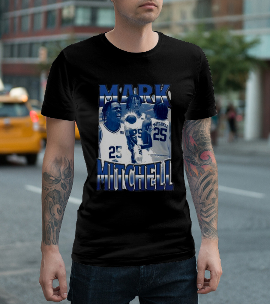 Mark Mitchell 25 Basketball Collage Blue and White T-Shirt