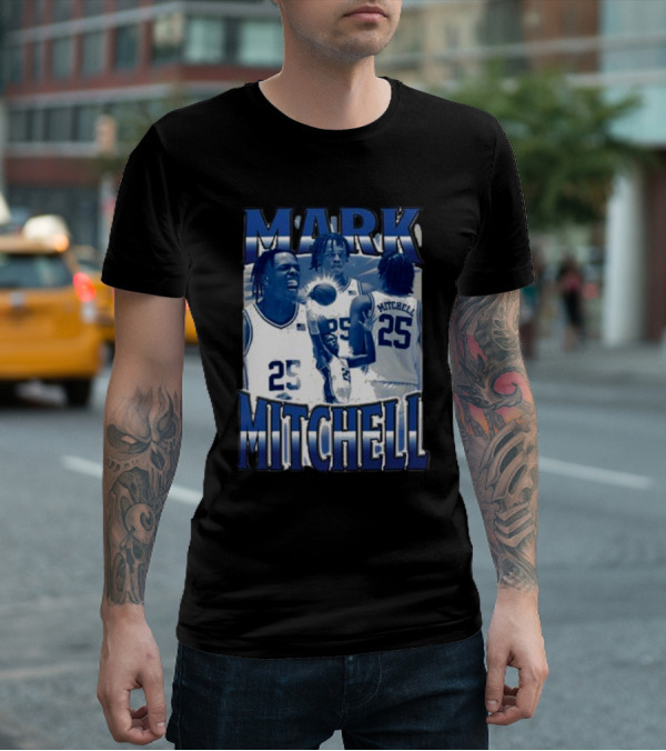 Mark Mitchell 25 Basketball Collage Blue And White T-Shirt