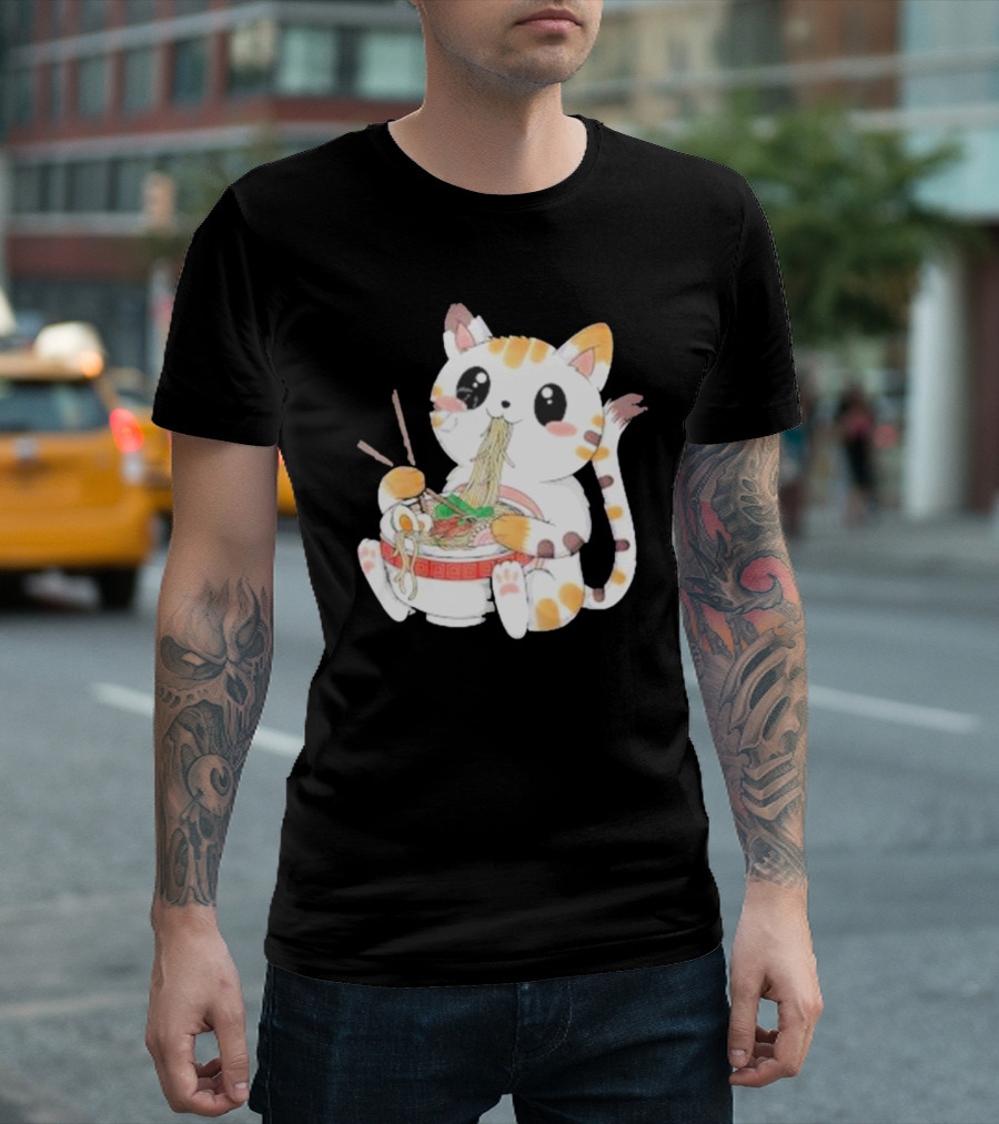 Kawaii Neko Eating Ramen in Cute Cartoon T-Shirt
