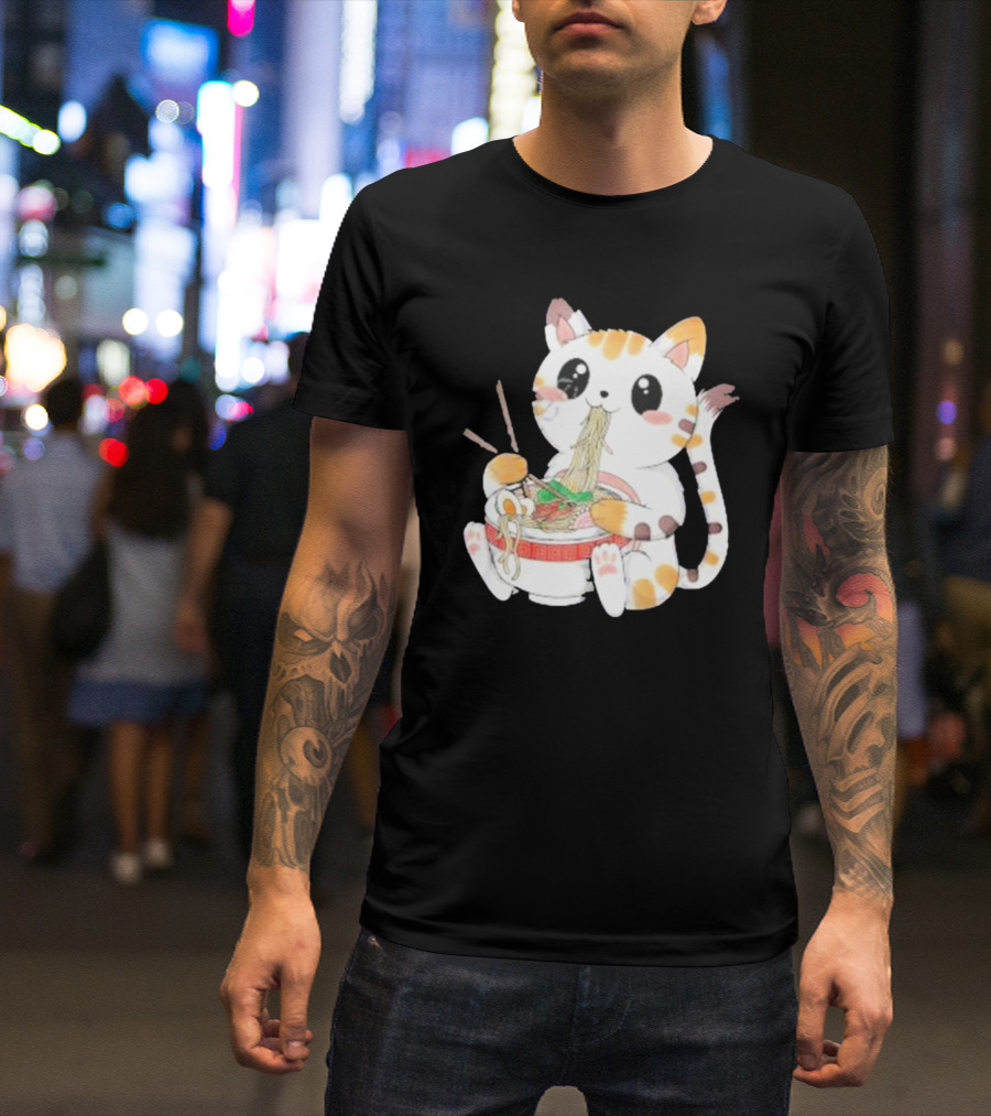 Kawaii Neko Eating Ramen In Cute Cartoon T-Shirt