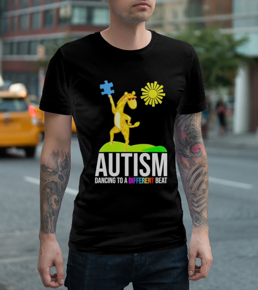 Giraffe with Puzzle Piece and Sun Celebrating Autism Dancing to a Different Beat T-Shirt