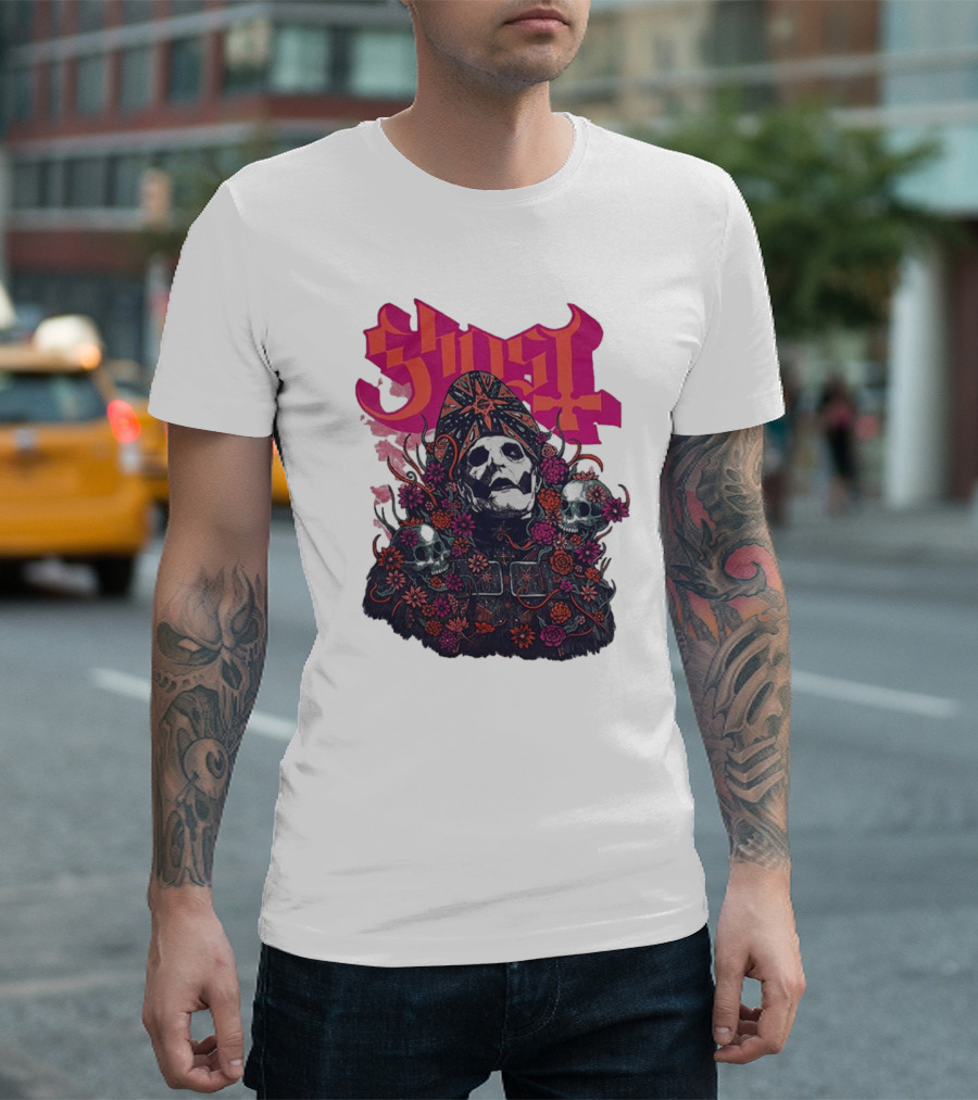 Ghost Skull in Floral Bliss Pink Crystal Wash T-Shirt