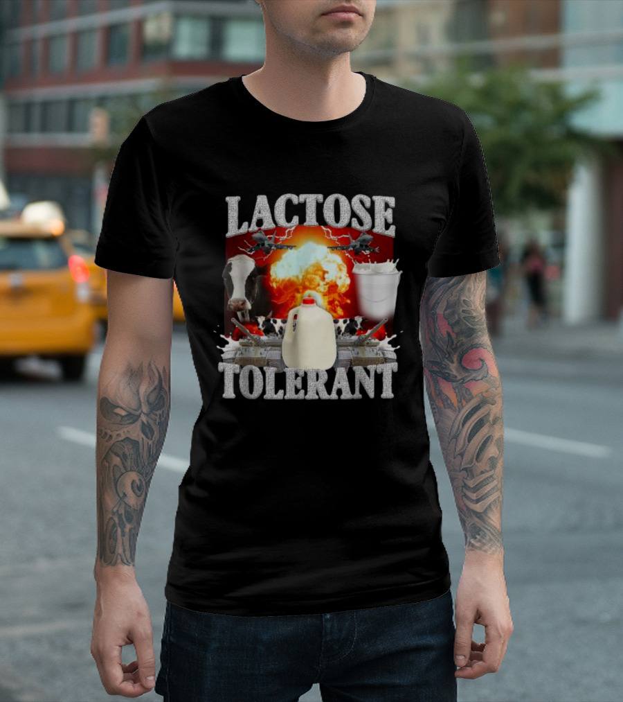 LACTOSE TOLERANT Milk Explosion Cow Jug Planes Battle Scene T-Shirt