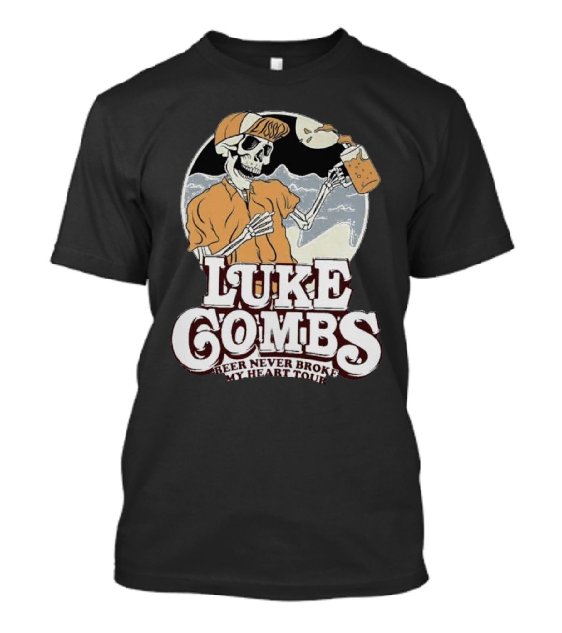 Luke Combs Beer Never Broke My Heart Tour Skeleton With Beer Mug And Mountains T-Shirt