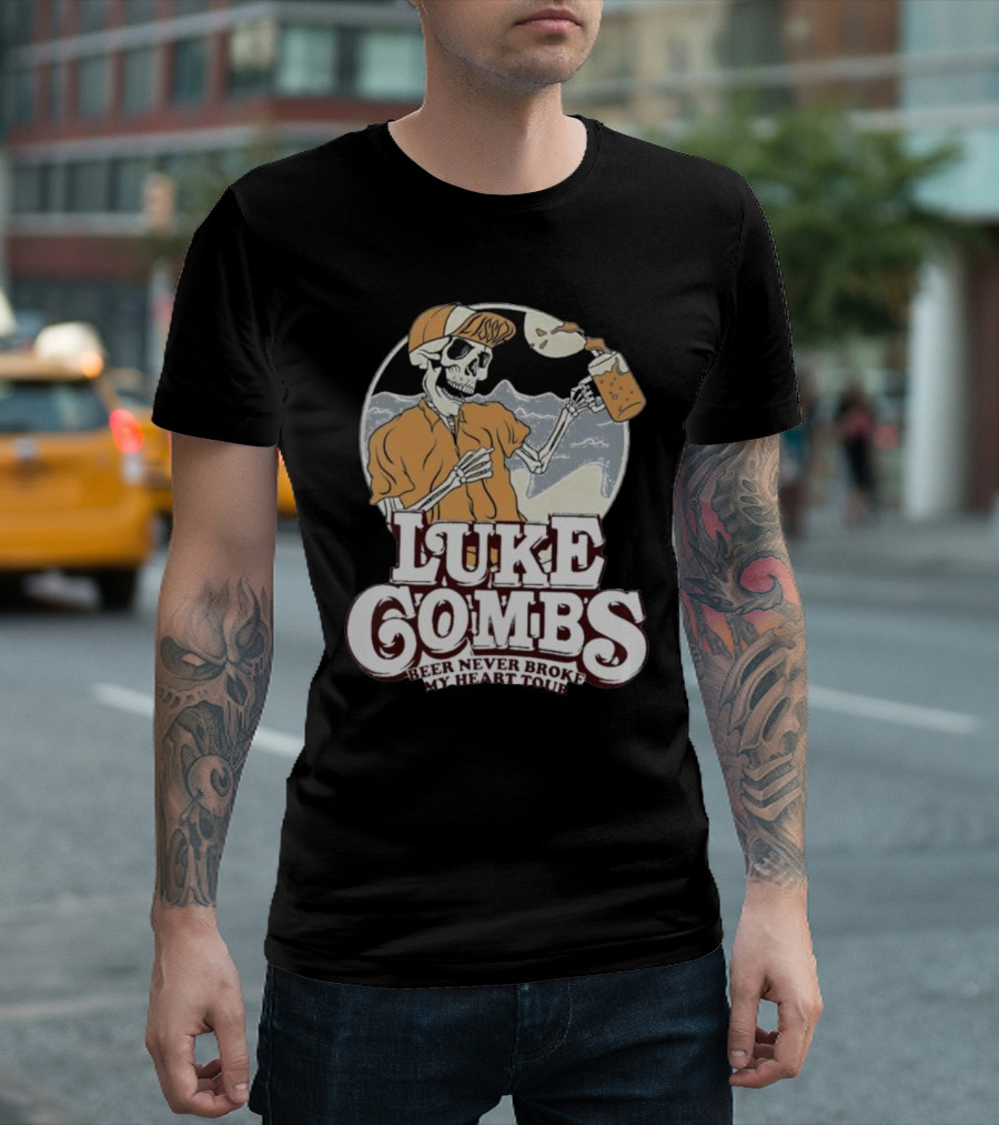 Luke Combs Beer Never Broke My Heart Tour Skeleton With Beer Mug And Mountains T-Shirt