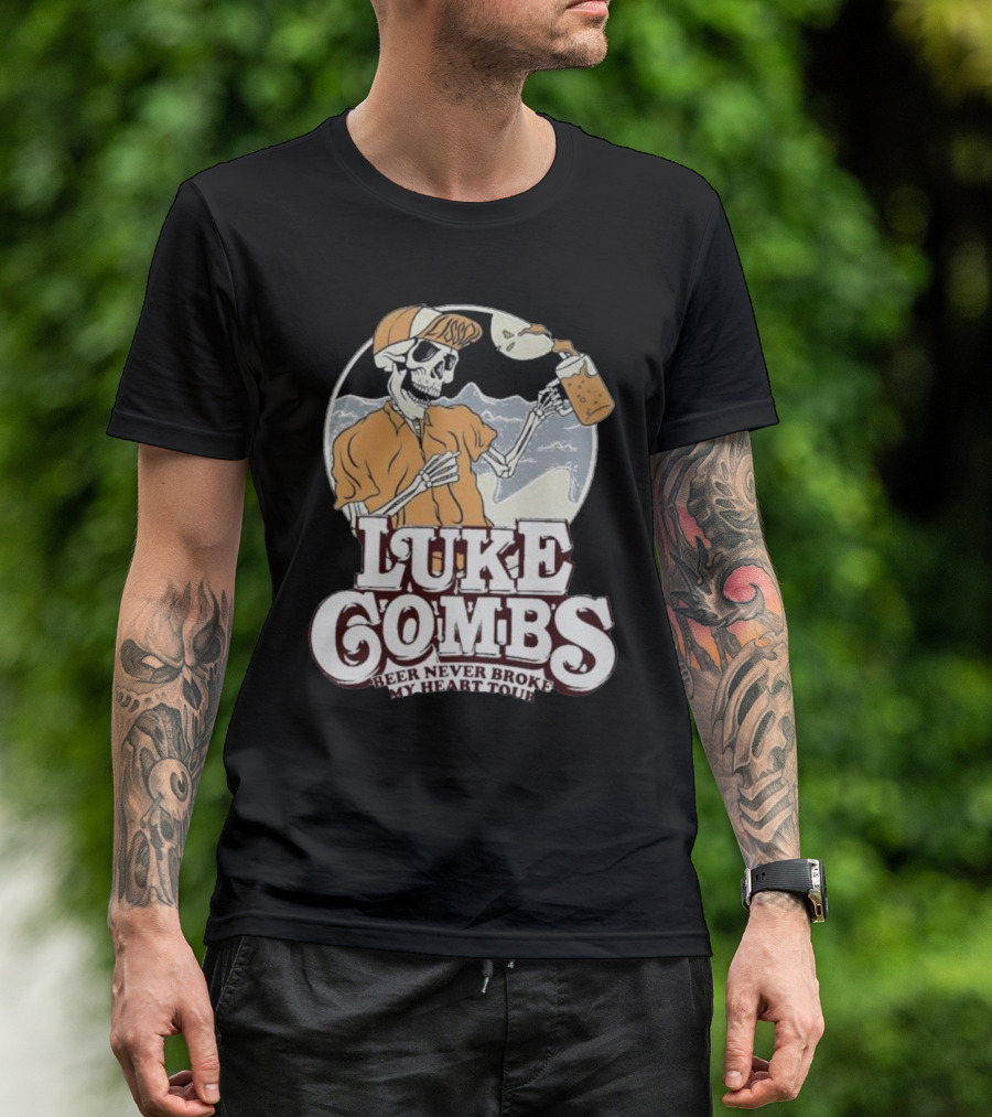Luke Combs Beer Never Broke My Heart Tour Skeleton With Beer Mug And Mountains T-Shirt