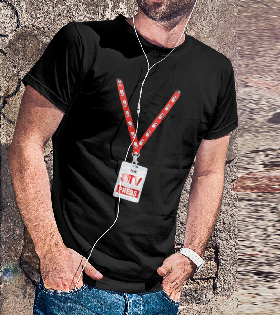 QT Marshall AEW QTV Press Pass Badge With Red Lanyard T-Shirt