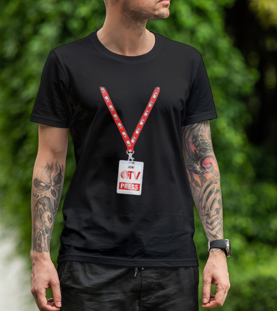 QT Marshall AEW QTV Press Pass Badge With Red Lanyard T-Shirt