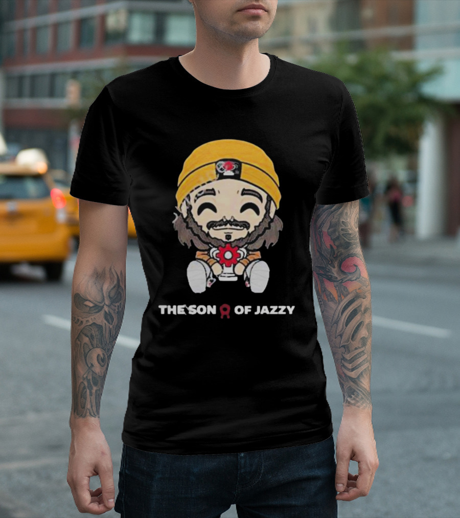 Son Of Jazzy Whimsical Cartoon Character With Yellow Beanie And Flower T-Shirt